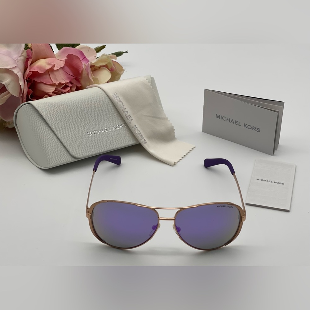 Michael Kors Rose Gold Purple Mirror Aviator Sunglasses - Picture 3 of 14